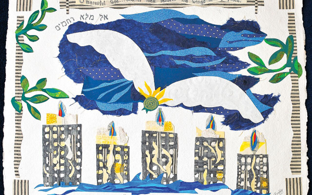 Atlanta artist Flora Rosefsky created this large paper collage, "Beneath Thy Wings," for the Yizkor memorial service on Yom Kippur.