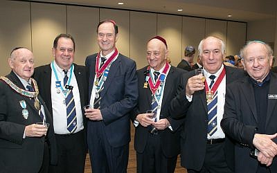 Enjoying the moment after Rubenstein, left, received the Hebrew Order of David award are: Mario Oves, president of the Governing Lodge of North America; David Joss and Les Kraitzick, past presidents of the governing lodge; Stan Klaff, past president of the Grand Lodge; and Brian Rubenstein.