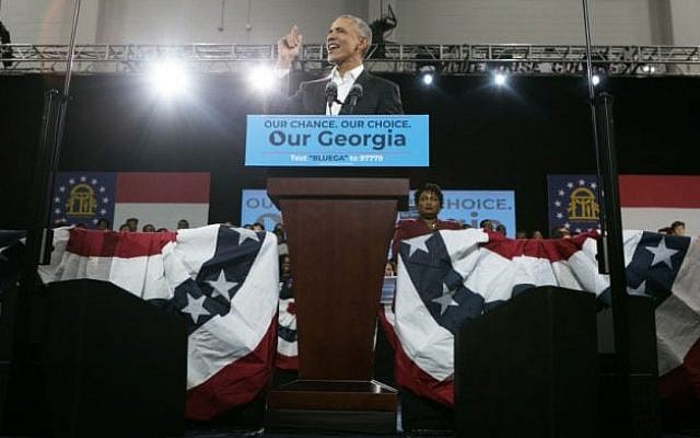 Former President Barack Obama campaigns for Georgia Democratic gubernatorial candidate Stacey Abrams at Morehouse College in Atlanta.