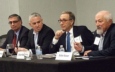 (From left) Joel Singer, Jonathan Schanzer, Alan Makovsky and Asher Susser discuss Israel's efforts to develop official and unofficial relationships with Muslim-majority nations in the Middle East.