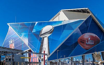 Clad in Super Bowl graphics, Atlanta's Mercedes Benz-Stadium will host the Los Angeles Rams and New England Patriots.