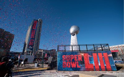 Photo by Paul Abell for ATL Super Bowl Host Committee // Super Bowl LIII signage adds life to the city skyline.