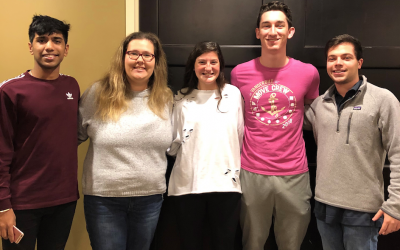Anurag Gillella, Rachel Kaiser, Alli Goldring, Harry Traub and Justin Rubin serve on Gesher L’Torah’s first college panel to engage high school students and recent grads.