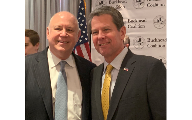 Greeting Gov. Brian Kemp was Jeffrey Sprecher (left), CEO of the Intercontinental Exchange and chairman of the New York Stock Exchange.