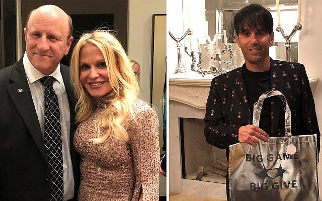 Left: Marc Pollick thanks hostess Carrla Goldstein for opening her home. Right: Host Jeff Goldstein in a Ted Baker jacket shows off BGBG swag bag.