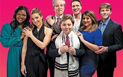 Photo by Kevin Harry // Actors in “Falsettos,” including Alex Newberg (center) dressed in a kippah and tallit.