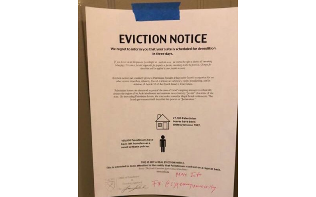 Mock eviction notice posted on Emory students' dorm room doors.