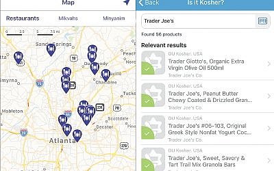 Left: Kosher GPS app showing the kosher restaurants in the Atlanta area. Right: Is It Kosher? app showing a list of kosher items sold at Trader Joe’s.