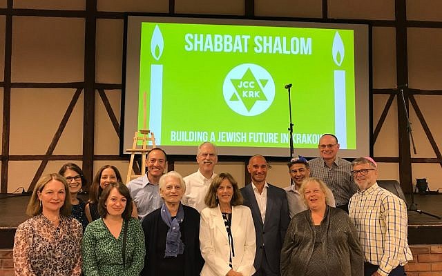 A Shabbat dinner was sponsored by the JCC Krakow during the Jewish Culture Festival, with 750 people in attendance. Third from right, top row, is Jonathan Ornstein, founding director of the JCC Krakow.