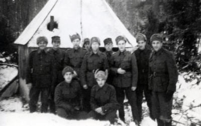 Jewish soldiers of the Finnish Army, who were allied with Nazi Germany, outside the makeshift synagogue near the front lines during World War II.