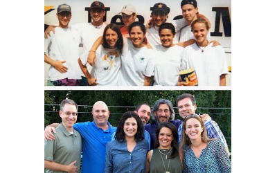 Junior-in-Training (JIT) staff in 1996 at Camp Barney and again in 2016. D’Agostino is in the back row, on the right, in both photos.