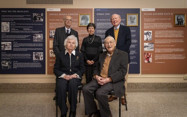 Photos by Duane Stork // Holocaust survivors and liberators honored in the new exhibit were, back row, Fred Schneider, Manuela Mendels Bornstein and Murray Lynn; front row: Tosia Schneider and Henry Birnbrey