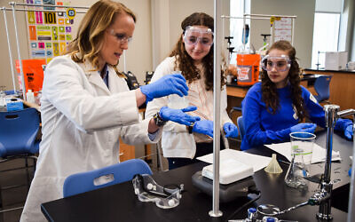 Daisy Bourassa with AJA students Ella Goldstein and Leah Houben in a green chemistry mini-session.