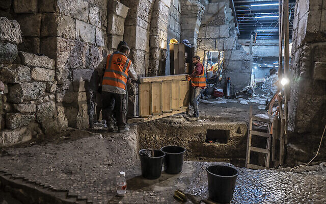 Excavation and conversation work under the Jerusalem Old City’s ‘Beit Strauss’ complex, May 2020. (Shai HaLevi/Israel Antiquities Authority)