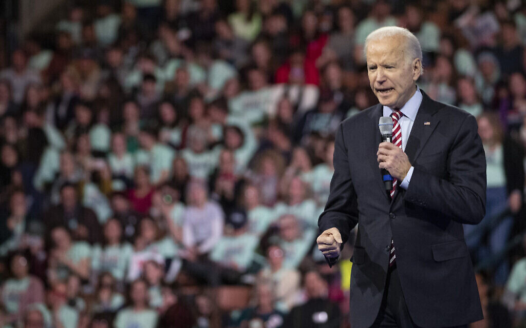 Democratic presidential candidate and former vice president Joe Biden speaks during the McIntyre-Shaheen 100 Club Dinner, February 8, 2020, in Manchester, New Hampshire. (AP Photo/Mary Altaffer)
