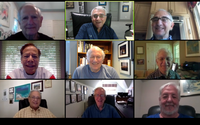 Meeting on Zoom instead of in person for their “chevrah diner” are top row: Cary Rosenthal, Lee Katz and Stew Aaron; center: Jeff Priluck, George Fox and Ray Risner; and bottom: George Richfield, Alan Granath and Doug Berlin.