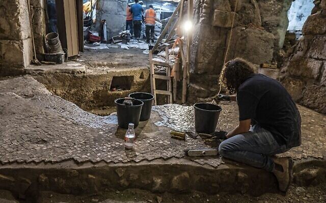 Excavation and conversation work under the Jerusalem Old City’s ‘Beit Strauss’ complex, May 2020. (Shai HaLevi/Israel Antiquities Authority)