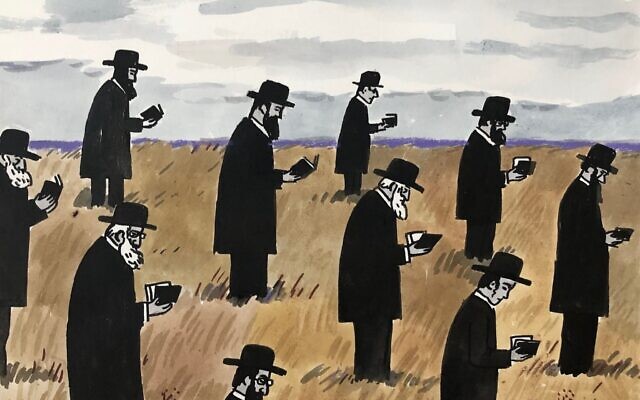 Zoya Cherkassky’s “An Open Air Minyan” (2020), depicting men gathered for prayer with the requisite social distancing, is in a virtual exhibition at fortgansevoort.com.Credit...Zoya Cherkassky and Fort Gansevoort