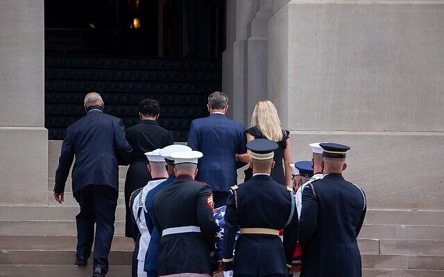 Atlanta Mayor Kiesha Lance Bottoms and Georgia Governor Brian Kemp greet the casket of the late John Lewis as it arrives at the Georgia state capitol in Atlanta, Georgia for a lying in state ceremony.// Nathan Posner AJT