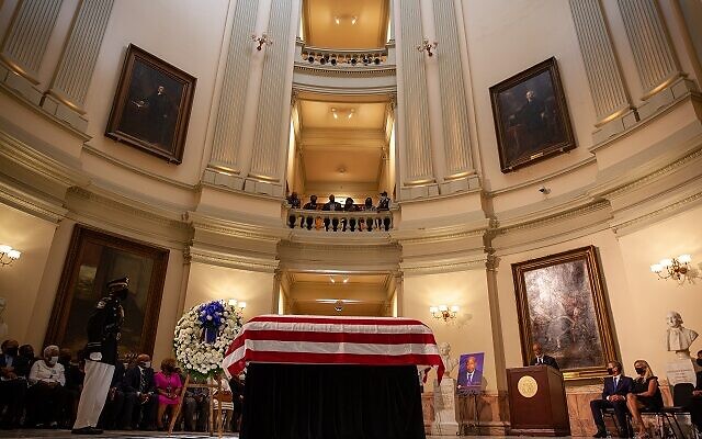 The casket of John Lewis lays in the rotunda of the Georgia state capitol for a lying in state ceremony on July 29th in Atlanta, Georgia.// Nathan Posner AJT