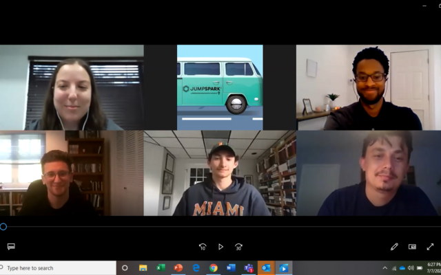 Screenshot from University of Miami virtual road trip: From top left, Jessica Schwartzman, JumpSpark engagement coordinator, with Charles Cammack, college admissions. Bottom row, from left, students Ronen Pink and Ethan Hartz with Igor Khokhlov, executive director of University of Miami’s Hillel.