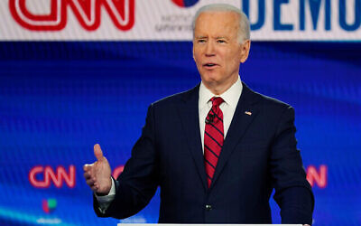 Former vice president Joe Biden speaks during a Democratic presidential primary debate at CNN Studios in Washington, DC, March 15, 2020. (AP/Evan Vucci)