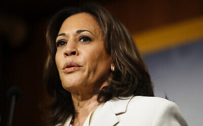 Sen. Kamala Harris, D-Calif., talks to reporters about the impeachment trial of President Donald Trump on charges of abuse of power and obstruction of Congress, at the Capitol in Washington, Thursday, Jan. 16, 2020. (AP Photo/Matt Rourke)