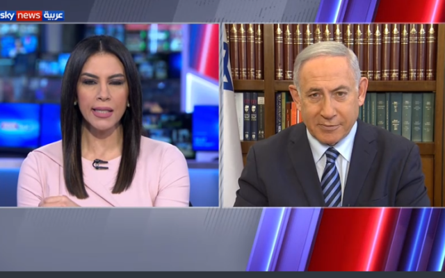 Prime Minister Benjamin Netanyahu, giving an interview to the Abu Dhabi-based Sky News Arabia, August 17, 2020. (Screen capture: Sky News Arabia)