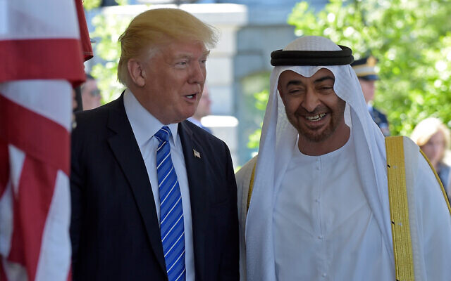 US President Donald Trump (left) welcomes Sheikh Mohammed bin Zayed Al Nahyan, Crown Prince of Abu Dhabi, United Arab Emirates, to the White House in Washington, May 15, 2017. (AP Photo/Susan Walsh)