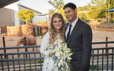 The bride and groom were photo bombed by an elephant in the background.