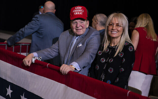 In this Feb. 21, 2020, file photo businessman and Republican donor Sheldon Adelson waits for the arrival of President Donald Trump to a campaign rally at the Las Vegas Convention Center in Las Vegas. (AP Photo/Evan Vucci, File)