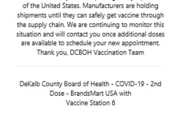 An email from DeKalb County Board of Health shows a vaccine appointment cancellation due to shortages.