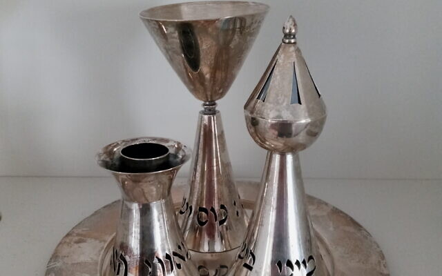 Ludwig Wolpert Havdalah set, circa 1978, sterling silver: Using his bar mitzvah money, Elihu bought this Havdalah set from the famous silversmith whose studio at the time was housed in the Jewish Museum in New York City.