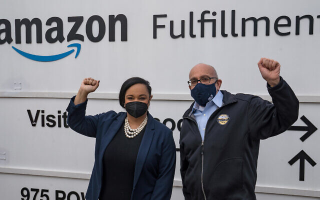 Congressional delegate Nikema Williams (GA, D) and President of the RWDSU Stuart Appelbaum, visit the Amazon Fulfillment Center after meeting with workers and organizers involved in the Amazon BHM1 facility unionization effort, represented by the Retail, Wholesale, and Department Store Union on March 5, 2021 in Birmingham, Alabama. Workers at Amazon facility currently make $15 an hour, however they feel that their requests for less strict work mandates are not being heard by management. (Photo by Megan Varner/Getty Images)