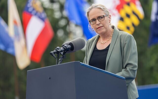Congresswoman Carolyn Bourdeaux (D-GA) speaks at a drive in rally for President Biden celebrating his 100 days in office, in Duluth, Georgia on April 29th, 2021. // Nathan Posner for the AJT