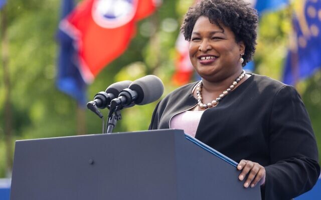 Former gubernatorial candidate Stacey Abrams speaks at a drive in rally for President Biden celebrating his 100 days in office, in Duluth, Georgia on April 29th, 2021. // Nathan Posner for the AJT