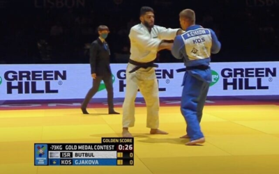 YouTube Screen capture from video of Israeli judoka Tohar Butbul, left, during the finals at the European Judo Championships.