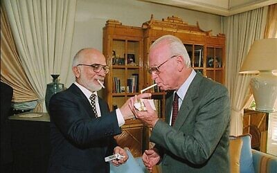 Israel Government Press Office //
King Hussein of Jordan and Israeli Prime Minister Yitzhak Rabin in October 1994.