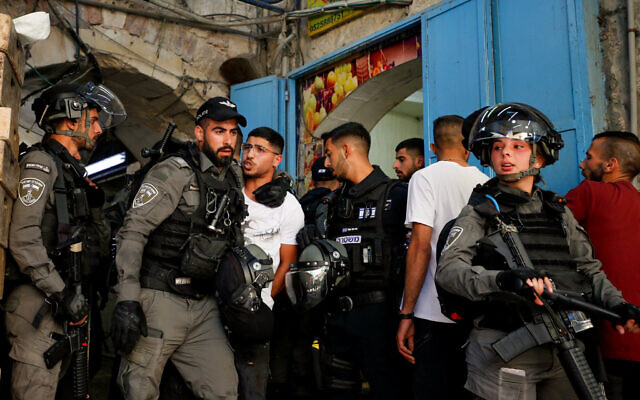 Israeli police officers seen during clashes with protesters in Jerusalem's Old City, May 18, 2021. Photo by Jamal Awad/Flash90