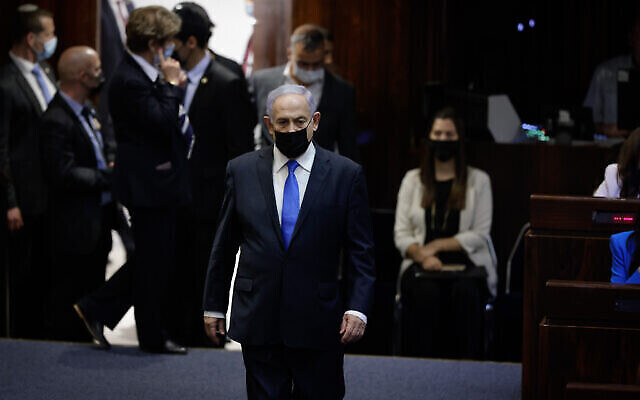 Israeli prime minister Benjamin Netanyahu at the swearing in of the new israeli government, in the parliament in Jerusalem on June 13, 2021. Photo by Olivier