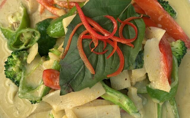 Green curry, coconut milk with bamboo shoots, zucchini, hot peppers, red bell peppers, and basil leaves.