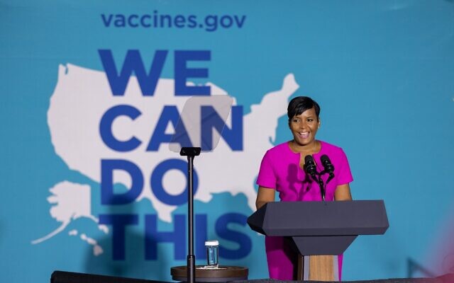 Nathan Posner for the AJT// Atlanta Mayor Keisha Lance Bottoms speaks at a "We Can Do This" vaccine tour event with Vice President Kamala Harris in Atlanta June 18.