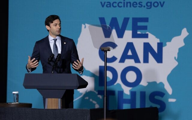 Nathan Posner for the AJT// Sen. Jon Ossoff speaks at a "We Can Do This" vaccine tour event with Vice President Kamala Harris, in Atlanta June 18.