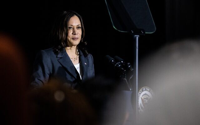 Nathan Posner for the AJT// Vice President Kamala Harris speaks at a "We Can Do This" vaccine tour event in Atlanta June 18.