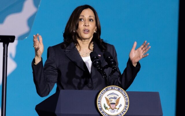 Nathan Posner for the AJT// Vice President Kamala Harris speaks at a "We Can Do This" vaccine tour event in Atlanta June 18.