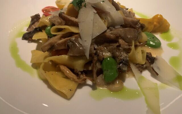 Egg Pappardelle, summer squash, fava beans, wild mushrooms, blistered grape tomato, EVOO, confit onion velouté, and Parmigiano Reggiano.