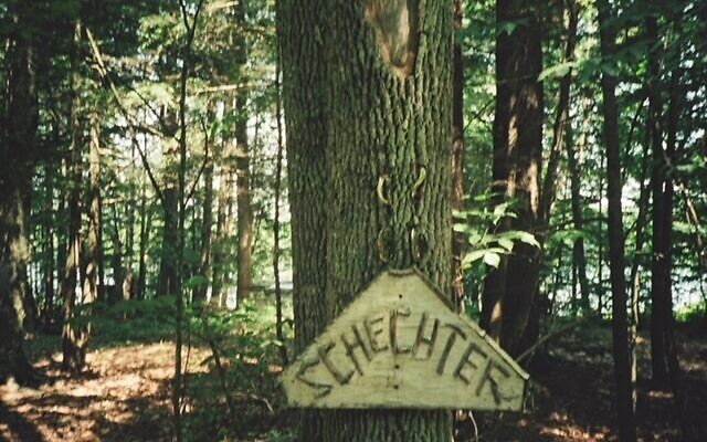 A homemade sign welcomes family and friends to "Camp Schechter"