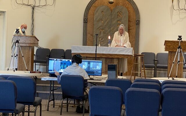Last year’s Yom Kippur live virtual setup at B’nai Israel with Rabbi Lou Feldstein, cantorial soloist Susan Burden and technician Jonathan Burden.