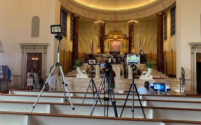 The Temple prepares for livestreaming services.