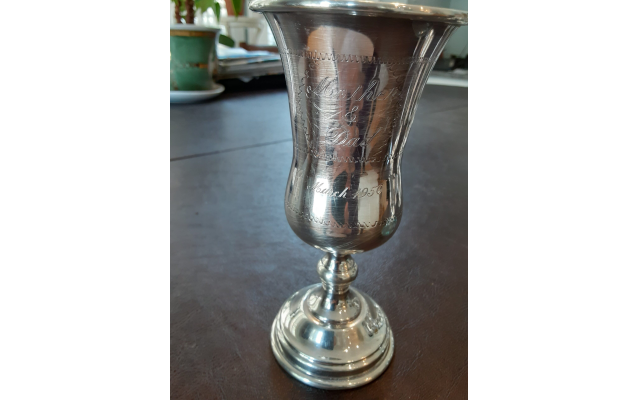 Sheryl Blatt’s favorite rescued Kiddush cup is engraved, “Mother and Dad, March 1956.